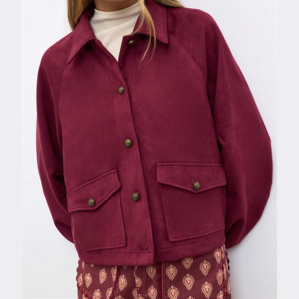 Burgundy Vegan Suede Flap Pocket Snap Front Blouson Bomber Jacket